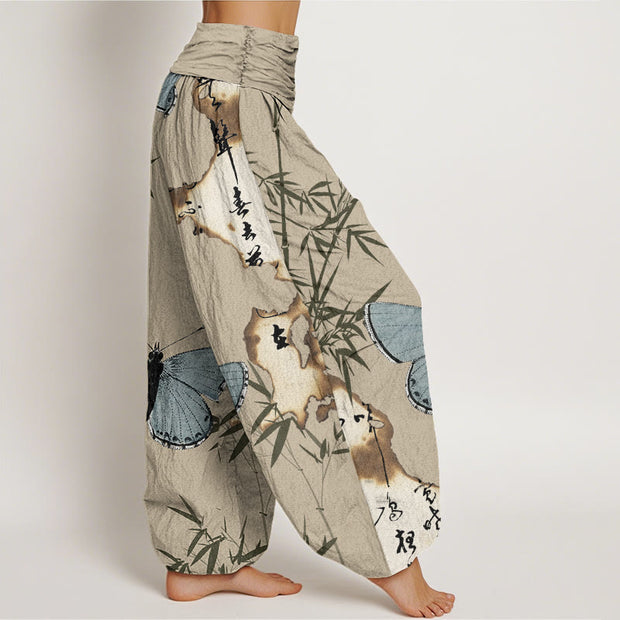 Buddha Stones Casual Butterfly Bamboo Leaf Calligraphy Pattern Women's Elastic Waist Harem Pants