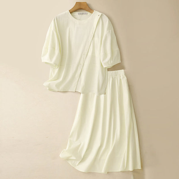 Buddha Stones 2pcs Irregular Button Design Shirt Skirt With Pockets Cotton Clothing Women's Set - LightYellow - US8-10，UK/AU12-14，EU40-42 (2XL) - image 22