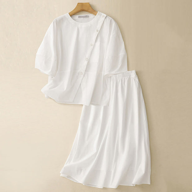 Buddha Stones 2pcs Irregular Button Design Shirt Skirt With Pockets Cotton Clothing Women's Set - White - US8-10，UK/AU12-14，EU40-42 (2XL) - image 15