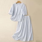 Buddha Stones 2pcs Irregular Button Design Shirt Skirt With Pockets Cotton Clothing Women's Set - LightBlue - US8-10，UK/AU12-14，EU40-42 (2XL) - image 1