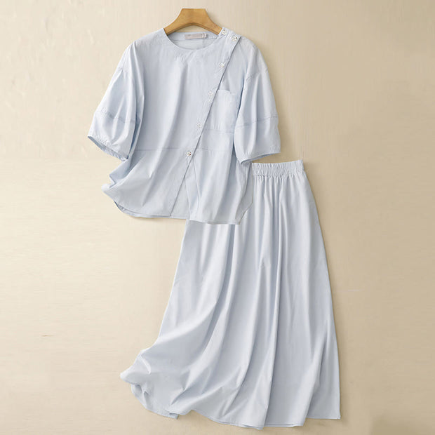 Buddha Stones 2pcs Irregular Button Design Shirt Skirt With Pockets Cotton Clothing Women's Set - LightBlue - US8-10，UK/AU12-14，EU40-42 (2XL) - image 1
