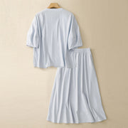 Buddha Stones 2pcs Irregular Button Design Shirt Skirt With Pockets Cotton Clothing Women's Set - image 2