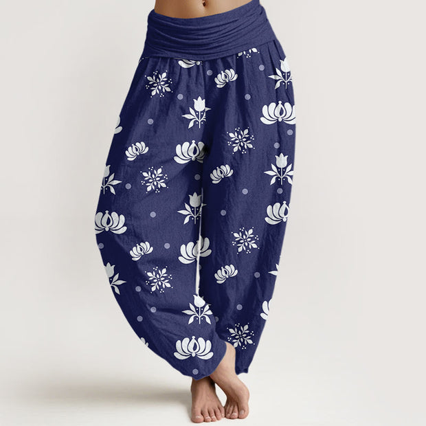 Buddha Stones Casual Lotus Small Dots Pattern Women's Elastic Waist Harem Pants