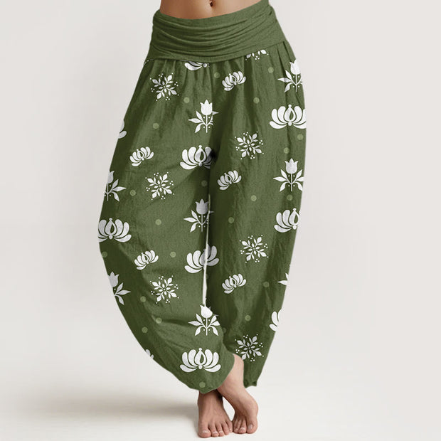 Buddha Stones Casual Lotus Small Dots Pattern Women's Elastic Waist Harem Pants