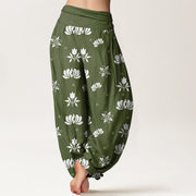 Buddha Stones Casual Lotus Small Dots Pattern Women's Elastic Waist Harem Pants