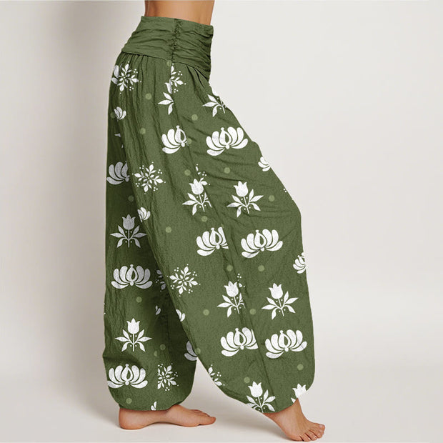 Buddha Stones Casual Lotus Small Dots Pattern Women's Elastic Waist Harem Pants