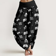 Buddha Stones Casual Lotus Small Dots Pattern Women's Elastic Waist Harem Pants