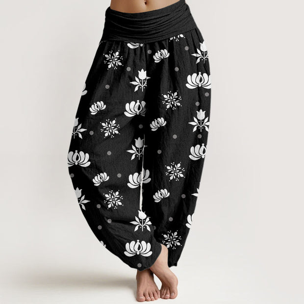 Buddha Stones Casual Lotus Small Dots Pattern Women's Elastic Waist Harem Pants
