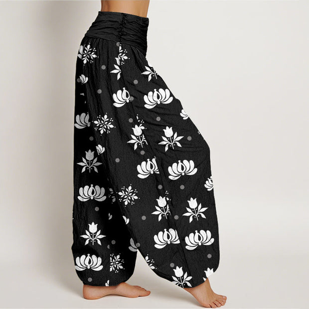 Buddha Stones Casual Lotus Small Dots Pattern Women's Elastic Waist Harem Pants