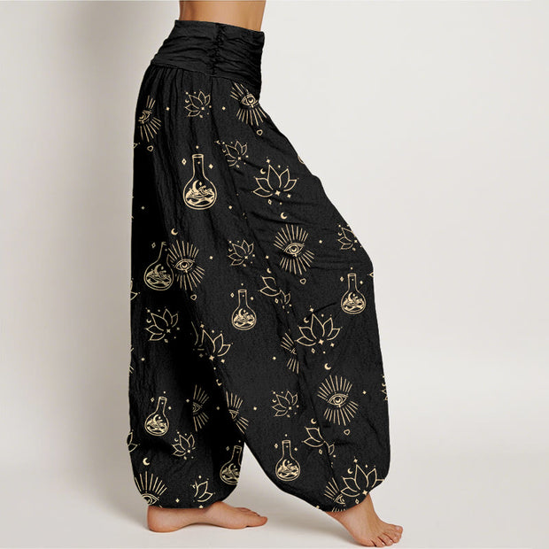 Buddha Stones Casual Lotus Eye Of Horus Pattern Women's Elastic Waist Harem Pants