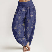 Buddha Stones Casual Lotus Eye Of Horus Pattern Women's Elastic Waist Harem Pants