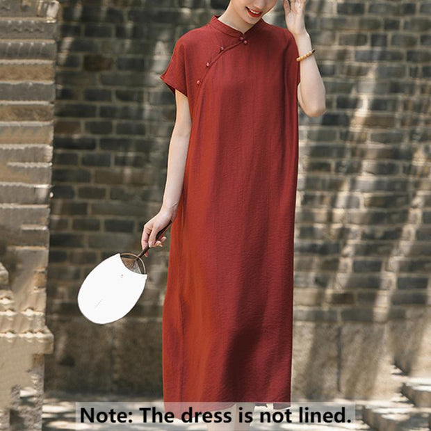 Buddha Stones Casual Plain Cheongsam Lace-Up Design Cotton Linen Short Sleeve Midi Dress - image 2