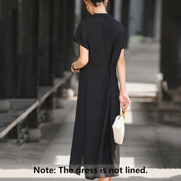 Buddha Stones Casual Plain Cheongsam Lace-Up Design Cotton Linen Short Sleeve Midi Dress - image 15