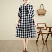 Buddha Stones Casual Plaid Pattern Half Sleeve Cotton Linen Midi Dress With Pockets - Black(large grid) - US8-10，UK/AU12-14，EU40-42 (2XL) - image 8