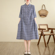 Buddha Stones Casual Plaid Pattern Half Sleeve Cotton Linen Midi Dress With Pockets - DarkBlue(Small grid) - US8-10，UK/AU12-14，EU40-42 (2XL) - image 4