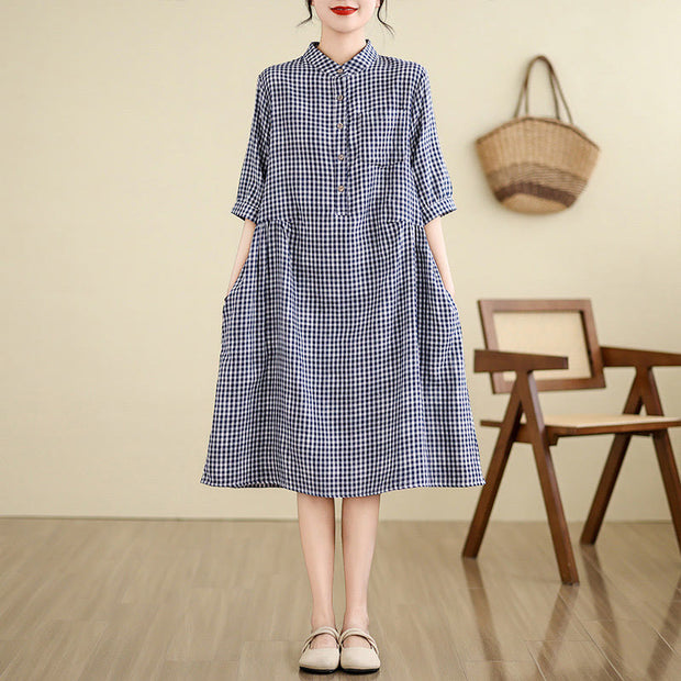 Buddha Stones Casual Plaid Pattern Half Sleeve Cotton Linen Midi Dress With Pockets - DarkBlue(Small grid) - US8-10，UK/AU12-14，EU40-42 (2XL) - image 4