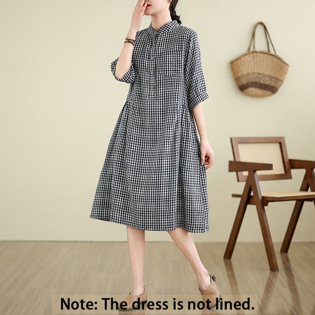 Buddha Stones Casual Plaid Pattern Half Sleeve Cotton Linen Midi Dress With Pockets - image 2