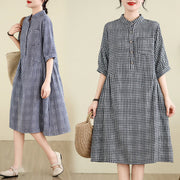 Buddha Stones Casual Plaid Pattern Half Sleeve Cotton Linen Midi Dress With Pockets - image 18