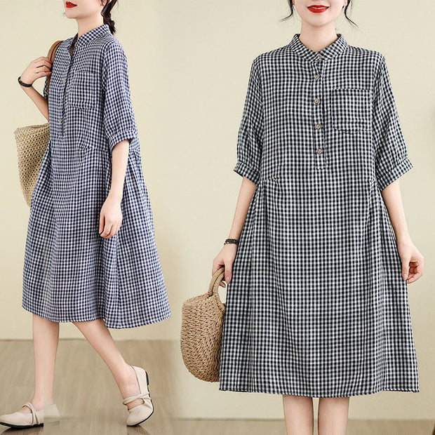 Buddha Stones Casual Plaid Pattern Half Sleeve Cotton Linen Midi Dress With Pockets - image 18