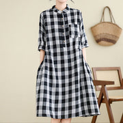 Buddha Stones Casual Plaid Pattern Half Sleeve Cotton Linen Midi Dress With Pockets - image 11