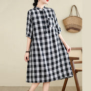 Buddha Stones Casual Plaid Pattern Half Sleeve Cotton Linen Midi Dress With Pockets - image 10