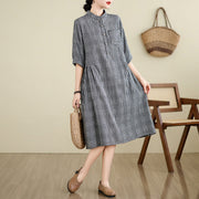 Buddha Stones Casual Plaid Pattern Half Sleeve Cotton Linen Midi Dress With Pockets - Black(Small grid) - US8-10，UK/AU12-14，EU40-42 (2XL) - image 1