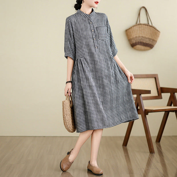 Buddha Stones Casual Plaid Pattern Half Sleeve Cotton Linen Midi Dress With Pockets - Black(Small grid) - US8-10，UK/AU12-14，EU40-42 (2XL) - image 1