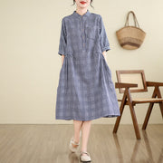Buddha Stones Casual Plaid Pattern Half Sleeve Cotton Linen Midi Dress With Pockets - image 6