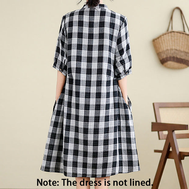 Buddha Stones Casual Plaid Pattern Half Sleeve Cotton Linen Midi Dress With Pockets - image 9
