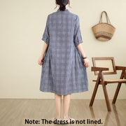 Buddha Stones Casual Plaid Pattern Half Sleeve Cotton Linen Midi Dress With Pockets - image 5