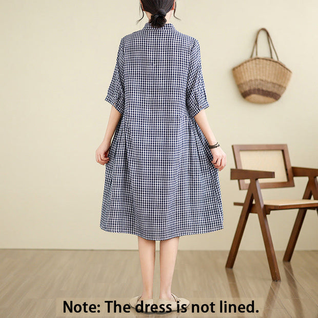 Buddha Stones Casual Plaid Pattern Half Sleeve Cotton Linen Midi Dress With Pockets - image 5