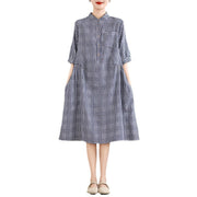 Buddha Stones Casual Plaid Pattern Half Sleeve Cotton Linen Midi Dress With Pockets - image 7