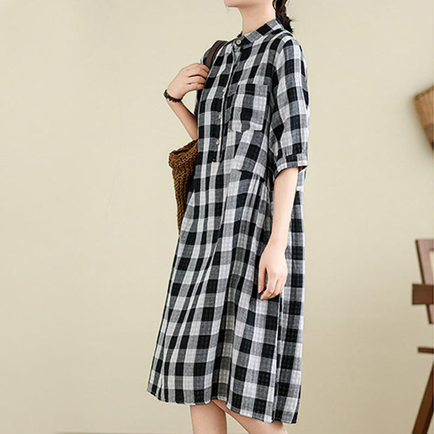 Buddha Stones Casual Plaid Pattern Half Sleeve Cotton Linen Midi Dress With Pockets - image 13