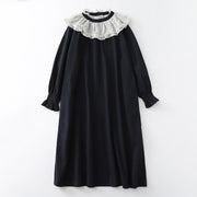 Buddha Stones Casual Ruffled Lace Patchwork Design Puff Sleeve Cotton Midi Dress With Pockets - Black - US12，UK/AU16，EU44 (2XL) - image 11