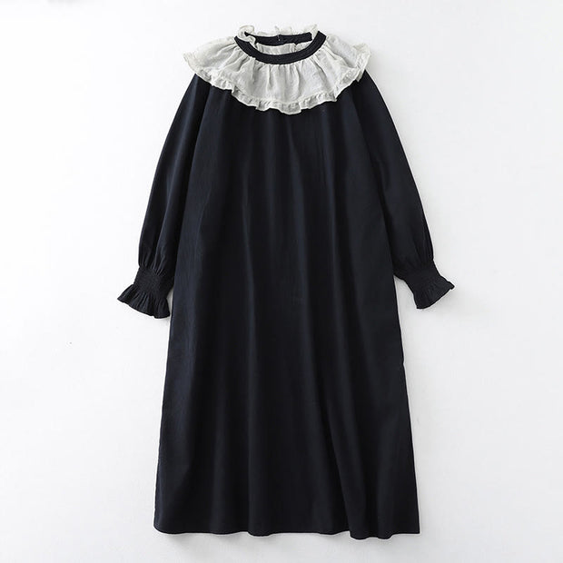 Buddha Stones Casual Ruffled Lace Patchwork Design Puff Sleeve Cotton Midi Dress With Pockets - Black - US12，UK/AU16，EU44 (2XL) - image 11