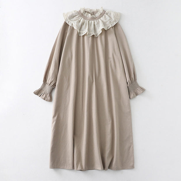Buddha Stones Casual Ruffled Lace Patchwork Design Puff Sleeve Cotton Midi Dress With Pockets - Linen - US12，UK/AU16，EU44 (2XL) - image 17