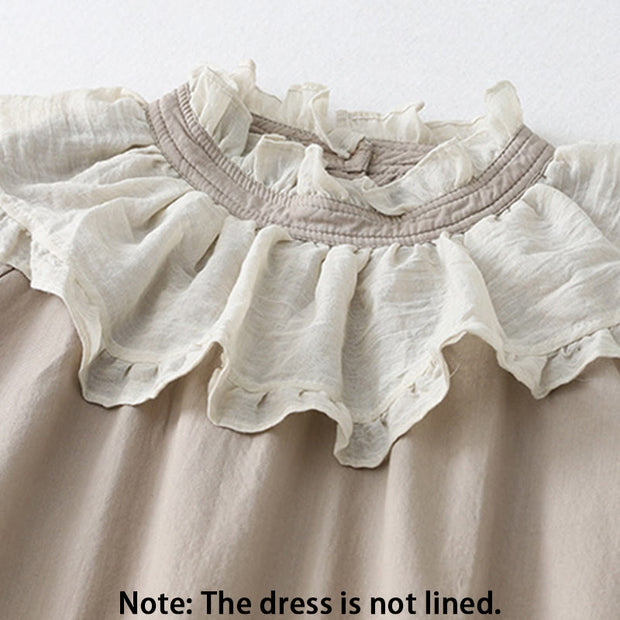 Buddha Stones Casual Ruffled Lace Patchwork Design Puff Sleeve Cotton Midi Dress With Pockets - image 18