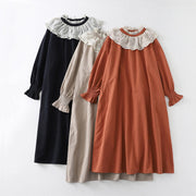 Buddha Stones Casual Ruffled Lace Patchwork Design Puff Sleeve Cotton Midi Dress With Pockets - image 23