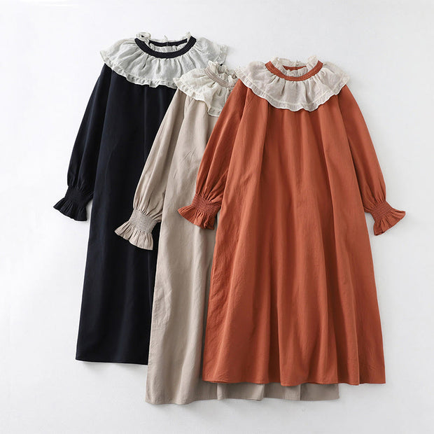 Buddha Stones Casual Ruffled Lace Patchwork Design Puff Sleeve Cotton Midi Dress With Pockets - image 23