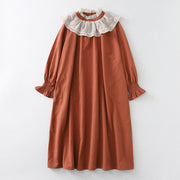 Buddha Stones Casual Ruffled Lace Patchwork Design Puff Sleeve Cotton Midi Dress With Pockets - Chocolate - US12，UK/AU16，EU44 (2XL) - image 1