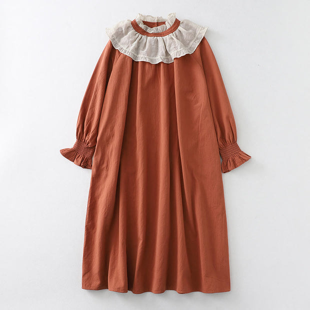 Buddha Stones Casual Ruffled Lace Patchwork Design Puff Sleeve Cotton Midi Dress With Pockets - Chocolate - US12，UK/AU16，EU44 (2XL) - image 1