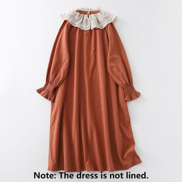 Buddha Stones Casual Ruffled Lace Patchwork Design Puff Sleeve Cotton Midi Dress With Pockets - image 2