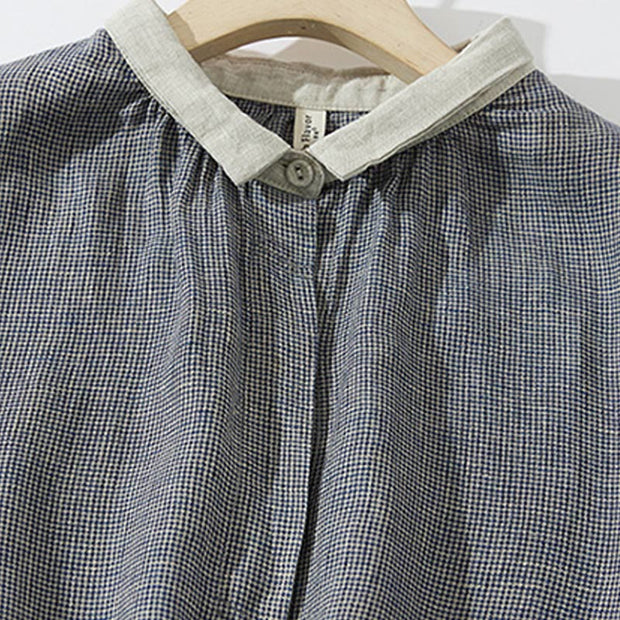 Buddha Stones Commute Retro DimGray Plaid Lantern Sleeve Cotton Linen Midi Dress With Pockets - image 3