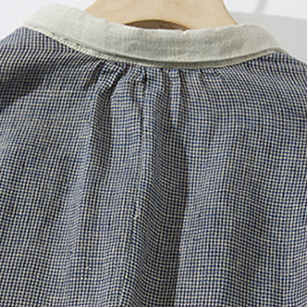 Buddha Stones Commute Retro DimGray Plaid Lantern Sleeve Cotton Linen Midi Dress With Pockets - image 4