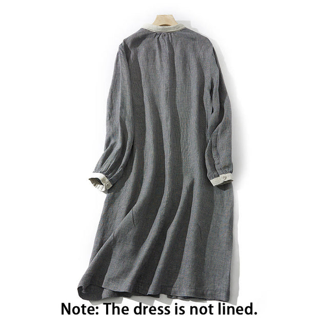 Buddha Stones Commute Retro DimGray Plaid Lantern Sleeve Cotton Linen Midi Dress With Pockets - image 2