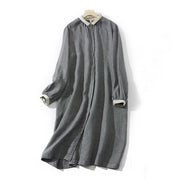 Buddha Stones Commute Retro DimGray Plaid Lantern Sleeve Cotton Linen Midi Dress With Pockets - DimGray - US8-10，UK/AU12-14，EU40-42 (2XL) - image 1