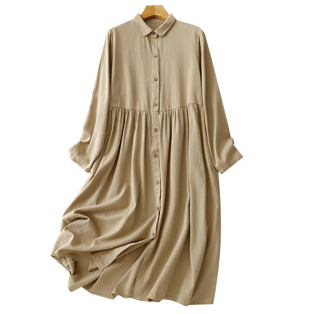 Buddha Stones Commute Pure Color Button Design Lapel Cotton Midi Dress - image 8