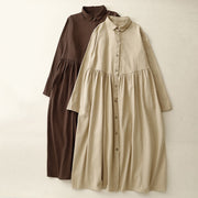 Buddha Stones Commute Pure Color Button Design Lapel Cotton Midi Dress - image 14