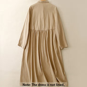 Buddha Stones Commute Pure Color Button Design Lapel Cotton Midi Dress - image 2