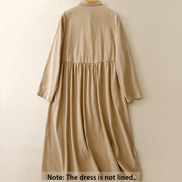 Buddha Stones Commute Pure Color Button Design Lapel Cotton Midi Dress - image 2